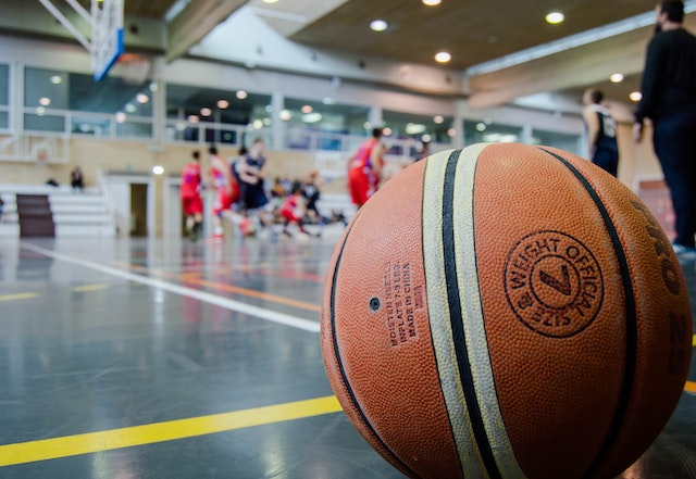 Closeup of basketball on court