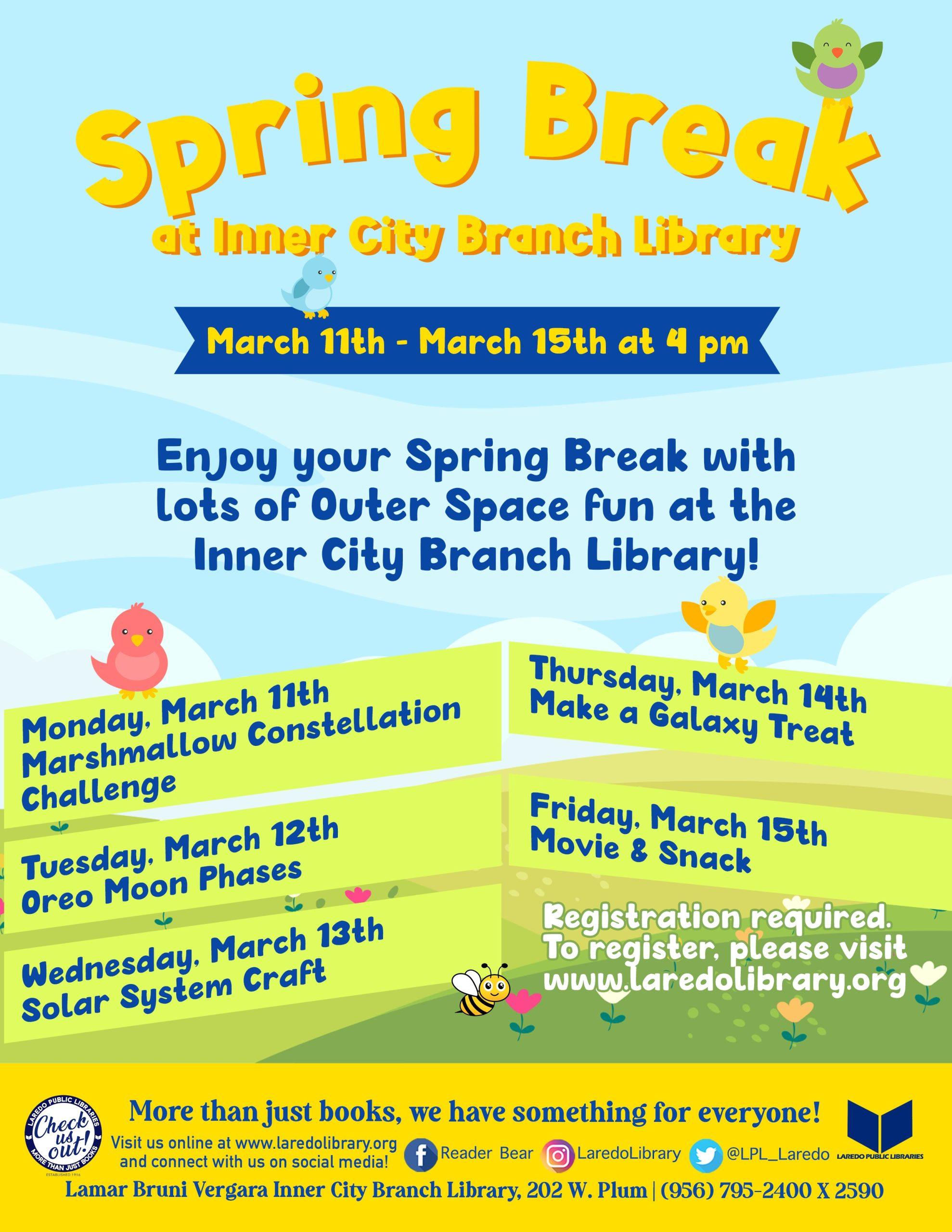 Spring Break at the Inner City Branch Library Laredo, 2024 Flyer